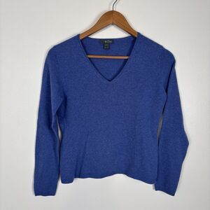 Griffen Womens Petite PS 100% Cashmere Sweater Blue Preppy Quiet Luxury V-Neck